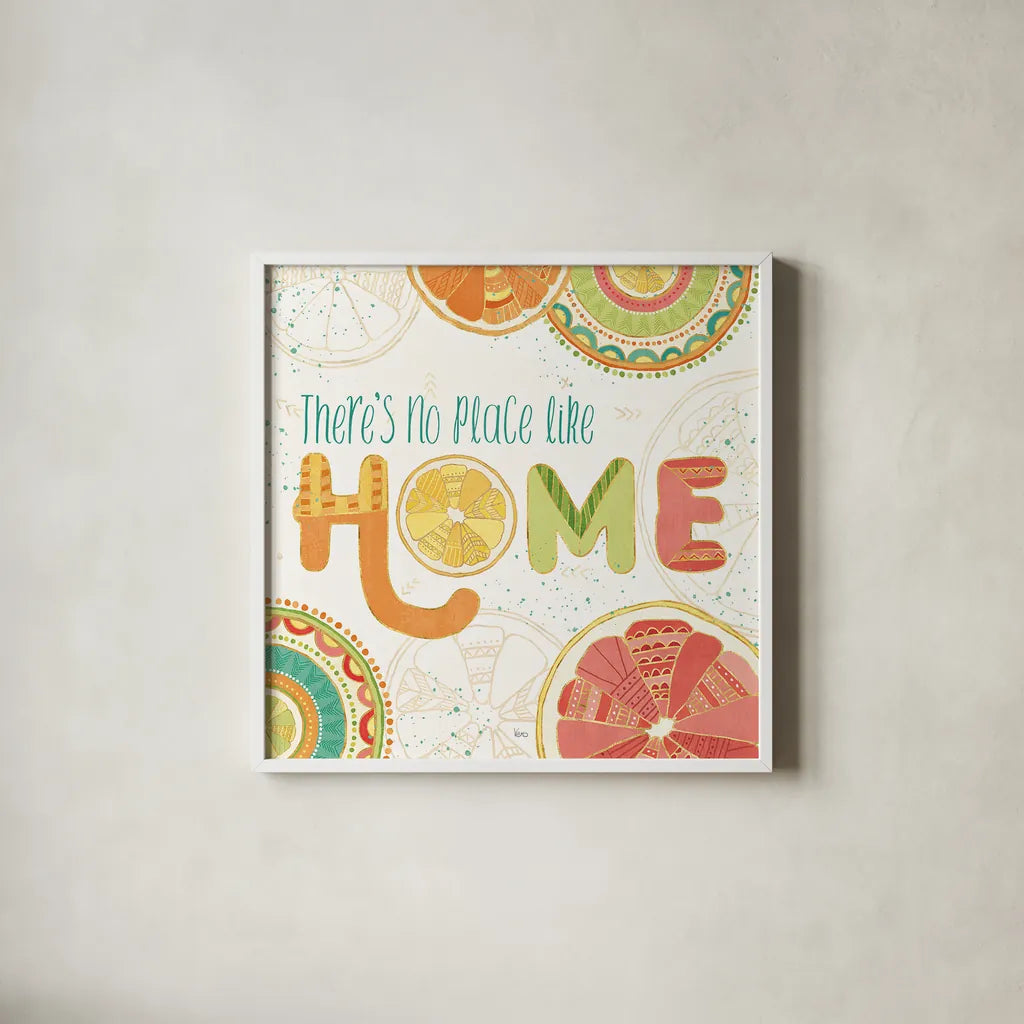 Citrus Splash VI by Veronique Charron. Shown in a crisp white glass frame for a clean and minimalist style. Available as an archival giclee rolled canvas, fine art paper, or poster print. SKU 37558a.