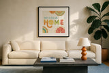 Citrus Splash VI by Veronique Charron. Displayed in a glass frame with matte in a clean modern living room. Available as an archival giclee rolled canvas, fine art paper, or poster print. SKU 37558a.