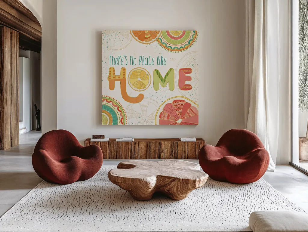 Citrus Splash VI by Veronique Charron. Shown as extra-large giant wall art in a modern living room. Available as an archival giclee rolled canvas, fine art paper, or poster print. SKU 37558a.