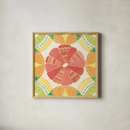 Citrus Splash VII by Veronique Charron. Shown in a natural wood glass frame for a timeless modern aesthetic. Available as an archival giclee rolled canvas, fine art paper, or poster print. SKU 37559a.