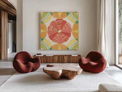 Citrus Splash VII by Veronique Charron. Shown as extra-large giant wall art in a modern living room. Available as an archival giclee rolled canvas, fine art paper, or poster print. SKU 37559a.