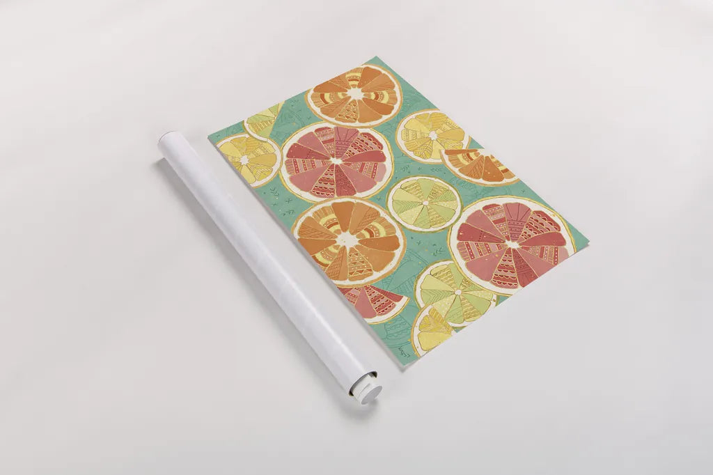 Citrus Splash XI by Veronique Charron. shown as a rolled paper print. Available as archival giclee rolled canvas, fine art paper, or poster print. SKU 38280i.