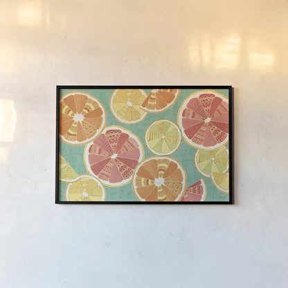 Citrus Splash XI by Veronique Charron. shown as a paper print in a black flame. Available as a archival giclee rolled canvas, fine art paper, or poster print. SKU 38280i.