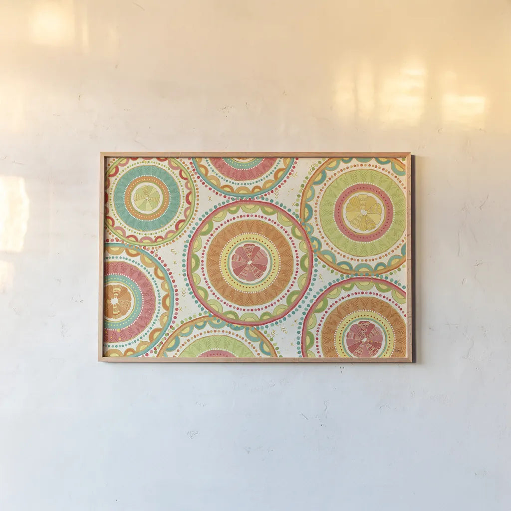 Citrus Splash XIII by Veronique Charron. shown as a paper print in a natural frame. Available as a archival giclee rolled canvas, fine art paper, or poster print. SKU 38282i.