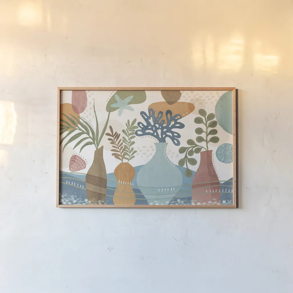 Coastal Creations I by Veronique Charron. shown as a paper print in a natural frame. Available as a archival giclee rolled canvas, fine art paper, or poster print. SKU 71791i.