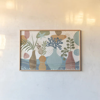 Coastal Creations I by Veronique Charron. shown as a paper print in a natural frame. Available as a archival giclee rolled canvas, fine art paper, or poster print. SKU 71791i.