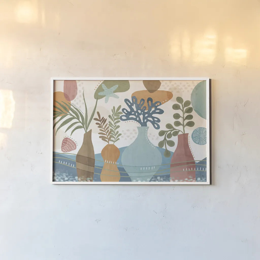 Coastal Creations I by Veronique Charron. shown as a paper print in a white frame. Available as a archival giclee rolled canvas, fine art paper, or poster print. SKU 71791i.