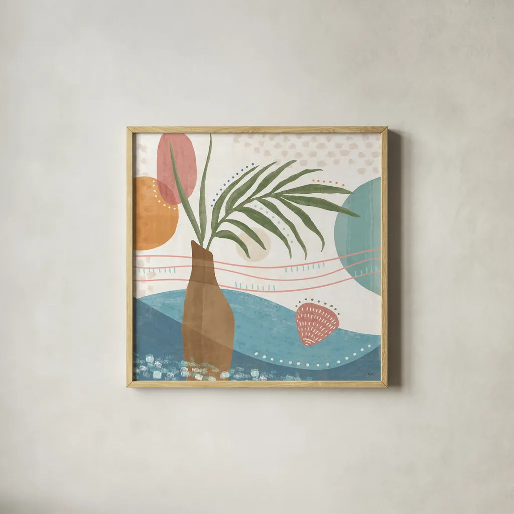Coastal Creations II by Veronique Charron. Shown in a natural wood glass frame for a timeless modern aesthetic. Available as an archival giclee rolled canvas, fine art paper, or poster print. SKU 71792a.