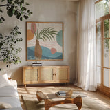 Coastal Creations II by Veronique Charron. Shown in a natural wood frame in a cozy modern living room. Available as an archival giclee rolled canvas, fine art paper, or poster print. SKU 71792a.