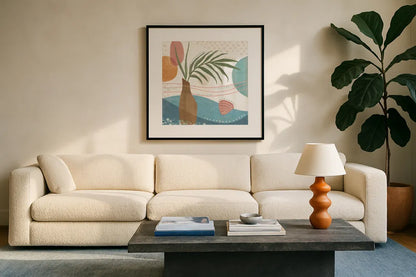 Coastal Creations II by Veronique Charron. Displayed in a glass frame with matte in a clean modern living room. Available as an archival giclee rolled canvas, fine art paper, or poster print. SKU 71792a.