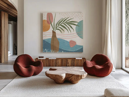Coastal Creations II by Veronique Charron. Shown as extra-large giant wall art in a modern living room. Available as an archival giclee rolled canvas, fine art paper, or poster print. SKU 71792a.