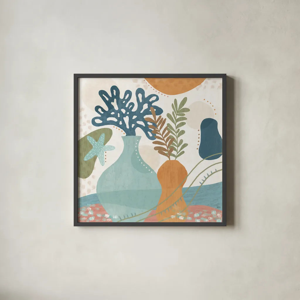 Coastal Creations III by Veronique Charron. Shown in a sleek black glass frame for a contemporary gallery look. Available as an archival giclee rolled canvas, fine art paper, or poster print. SKU 71793a.