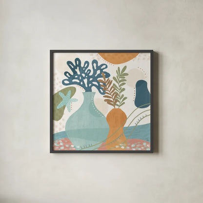 Coastal Creations III by Veronique Charron. Shown in a sleek black glass frame for a contemporary gallery look. Available as an archival giclee rolled canvas, fine art paper, or poster print. SKU 71793a.