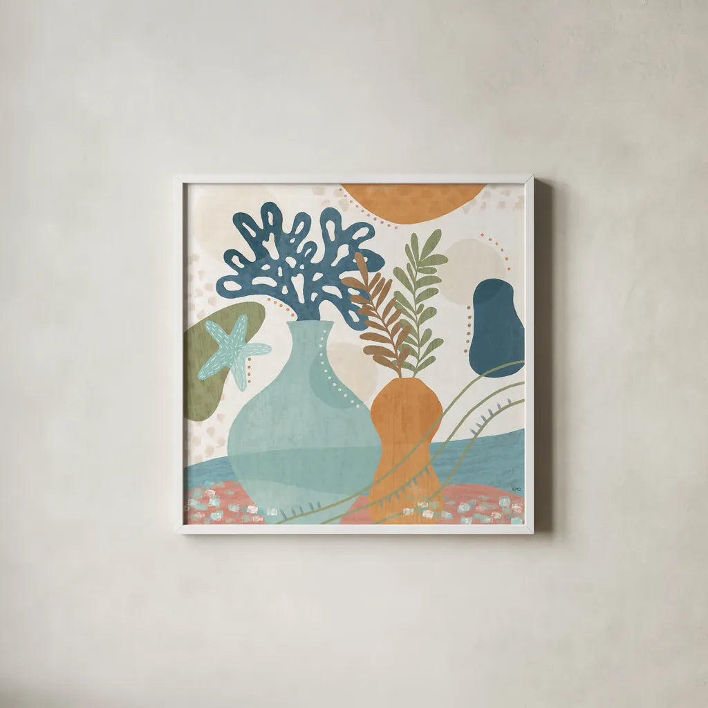 Coastal Creations III by Veronique Charron. Shown in a crisp white glass frame for a clean and minimalist style. Available as an archival giclee rolled canvas, fine art paper, or poster print. SKU 71793a.