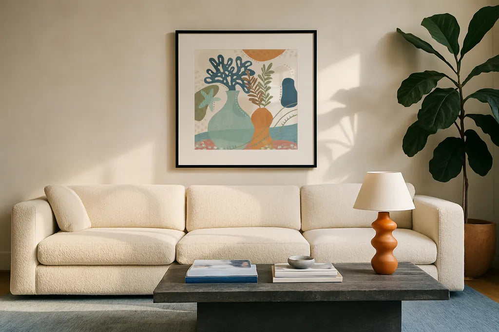 Coastal Creations III by Veronique Charron. Displayed in a glass frame with matte in a clean modern living room. Available as an archival giclee rolled canvas, fine art paper, or poster print. SKU 71793a.