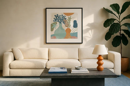 Coastal Creations III by Veronique Charron. Displayed in a glass frame with matte in a clean modern living room. Available as an archival giclee rolled canvas, fine art paper, or poster print. SKU 71793a.