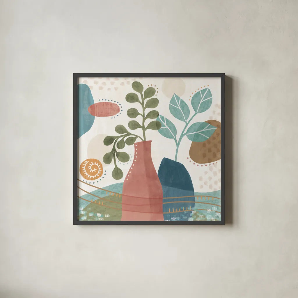 Coastal Creations IV by Veronique Charron. Shown in a sleek black glass frame for a contemporary gallery look. Available as an archival giclee rolled canvas, fine art paper, or poster print. SKU 71794a.