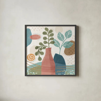 Coastal Creations IV by Veronique Charron. Shown in a sleek black glass frame for a contemporary gallery look. Available as an archival giclee rolled canvas, fine art paper, or poster print. SKU 71794a.