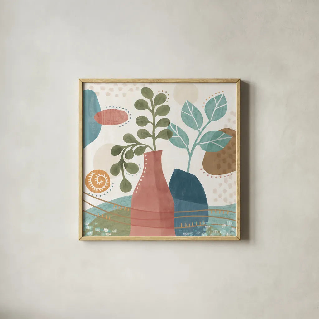 Coastal Creations IV by Veronique Charron. Shown in a natural wood glass frame for a timeless modern aesthetic. Available as an archival giclee rolled canvas, fine art paper, or poster print. SKU 71794a.