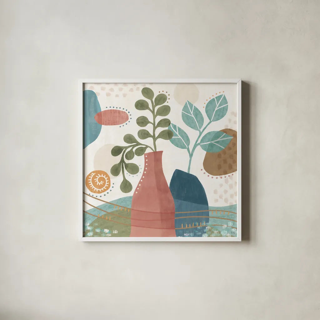 Coastal Creations IV by Veronique Charron. Shown in a crisp white glass frame for a clean and minimalist style. Available as an archival giclee rolled canvas, fine art paper, or poster print. SKU 71794a.