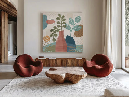 Coastal Creations IV by Veronique Charron. Shown as extra-large giant wall art in a modern living room. Available as an archival giclee rolled canvas, fine art paper, or poster print. SKU 71794a.