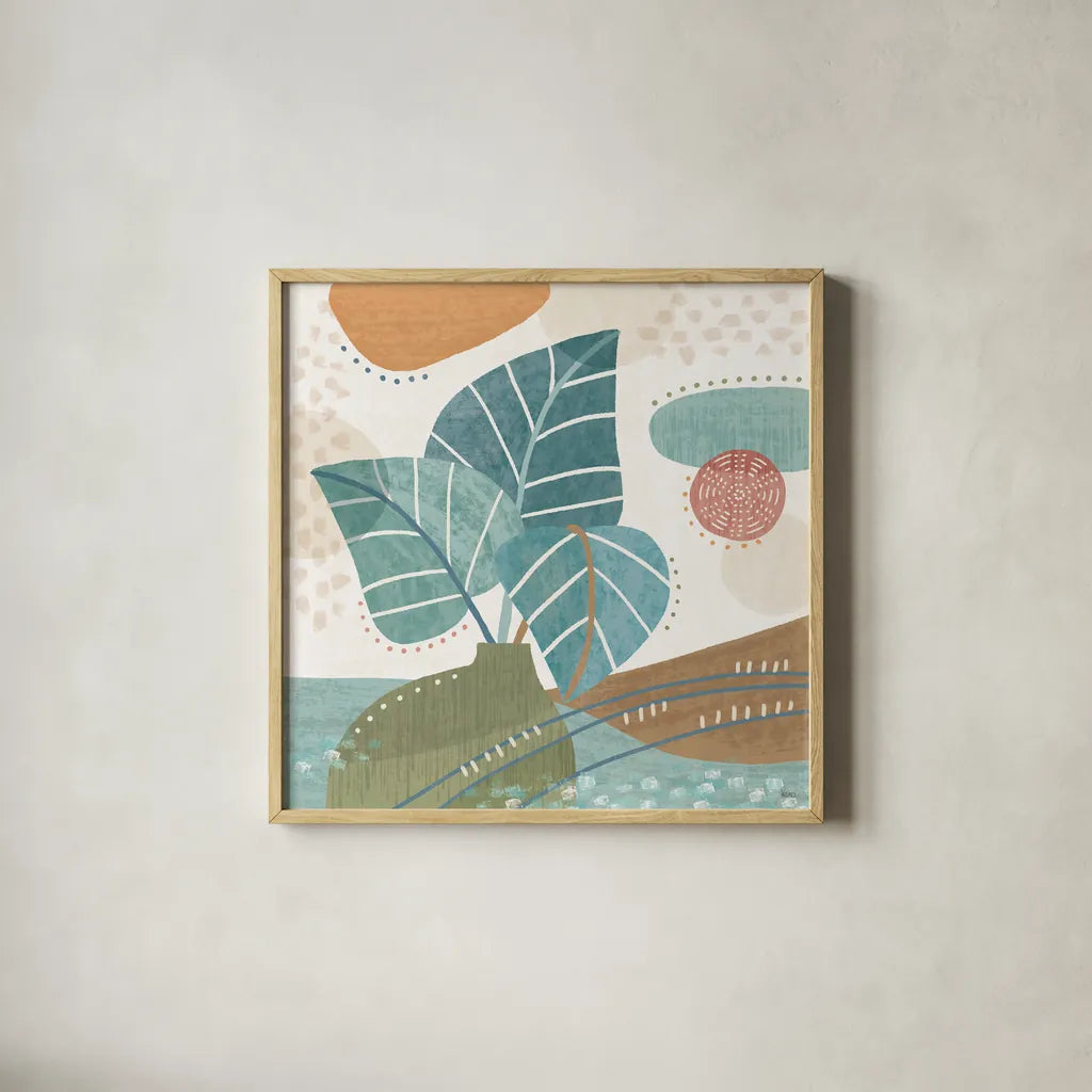 Coastal Creations V by Veronique Charron. Shown in a natural wood glass frame for a timeless modern aesthetic. Available as an archival giclee rolled canvas, fine art paper, or poster print. SKU 71795a.