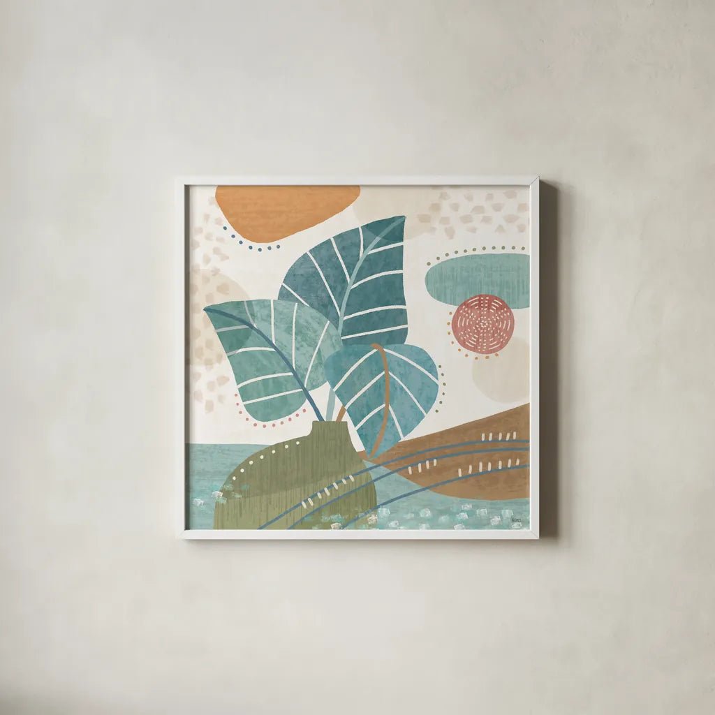 Coastal Creations V by Veronique Charron. Shown in a crisp white glass frame for a clean and minimalist style. Available as an archival giclee rolled canvas, fine art paper, or poster print. SKU 71795a.