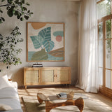 Coastal Creations V by Veronique Charron. Shown in a natural wood frame in a cozy modern living room. Available as an archival giclee rolled canvas, fine art paper, or poster print. SKU 71795a.