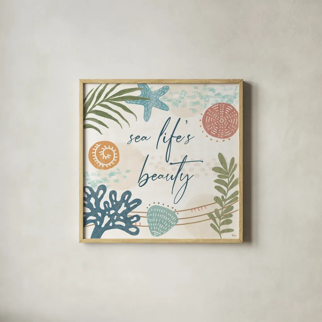 Coastal Creations VII by Veronique Charron. Shown in a natural wood glass frame for a timeless modern aesthetic. Available as an archival giclee rolled canvas, fine art paper, or poster print. SKU 71797a.