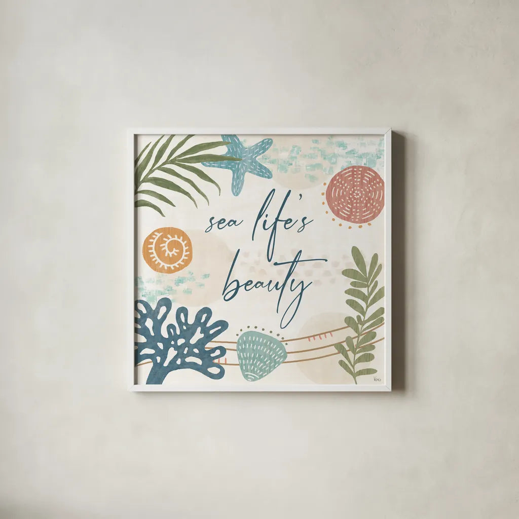 Coastal Creations VII by Veronique Charron. Shown in a crisp white glass frame for a clean and minimalist style. Available as an archival giclee rolled canvas, fine art paper, or poster print. SKU 71797a.