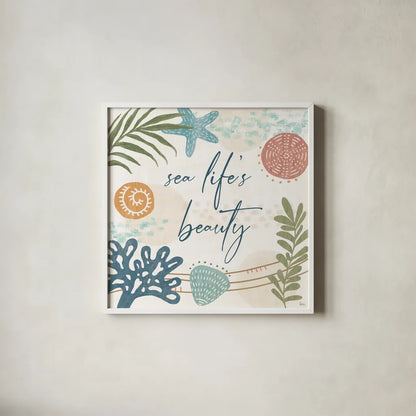 Coastal Creations VII by Veronique Charron. Shown in a crisp white glass frame for a clean and minimalist style. Available as an archival giclee rolled canvas, fine art paper, or poster print. SKU 71797a.