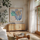 Coastal Currents VI by Veronique Charron. Shown in a natural wood frame in a cozy modern living room. Available as an archival giclee rolled canvas, fine art paper, or poster print. SKU 91768a.