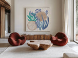 Coastal Currents VI by Veronique Charron. Shown as extra-large giant wall art in a modern living room. Available as an archival giclee rolled canvas, fine art paper, or poster print. SKU 91768a.