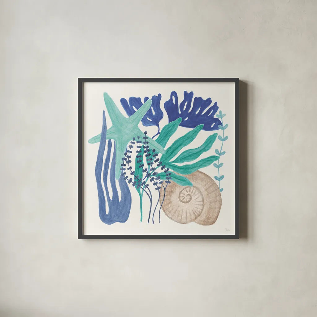 Coastal Currents VII by Veronique Charron. Shown in a sleek black glass frame for a contemporary gallery look. Available as an archival giclee rolled canvas, fine art paper, or poster print. SKU 91769a.