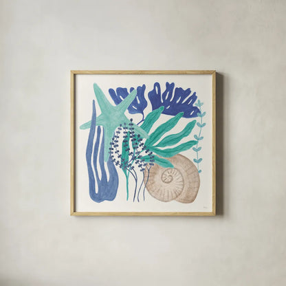 Coastal Currents VII by Veronique Charron. Shown in a natural wood glass frame for a timeless modern aesthetic. Available as an archival giclee rolled canvas, fine art paper, or poster print. SKU 91769a.