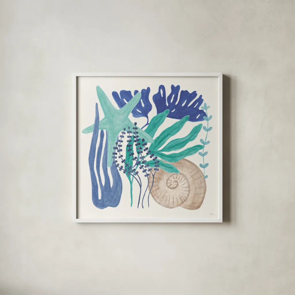 Coastal Currents VII by Veronique Charron. Shown in a crisp white glass frame for a clean and minimalist style. Available as an archival giclee rolled canvas, fine art paper, or poster print. SKU 91769a.