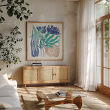 Coastal Currents VII by Veronique Charron. Shown in a natural wood frame in a cozy modern living room. Available as an archival giclee rolled canvas, fine art paper, or poster print. SKU 91769a.