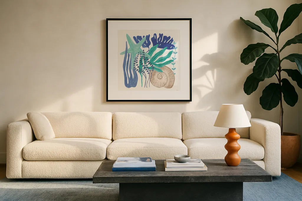 Coastal Currents VII by Veronique Charron. Displayed in a glass frame with matte in a clean modern living room. Available as an archival giclee rolled canvas, fine art paper, or poster print. SKU 91769a.
