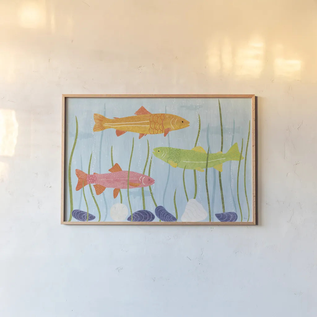 Coastal Vibes I by Veronique Charron. shown as a paper print in a natural frame. Available as a archival giclee rolled canvas, fine art paper, or poster print. SKU 79115i.