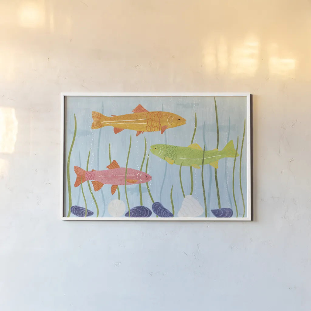 Coastal Vibes I by Veronique Charron. shown as a paper print in a white frame. Available as a archival giclee rolled canvas, fine art paper, or poster print. SKU 79115i.