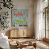 Coastal Vibes II by Veronique Charron. Shown in a natural wood frame in a cozy modern living room. Available as an archival giclee rolled canvas, fine art paper, or poster print. SKU 79116a.