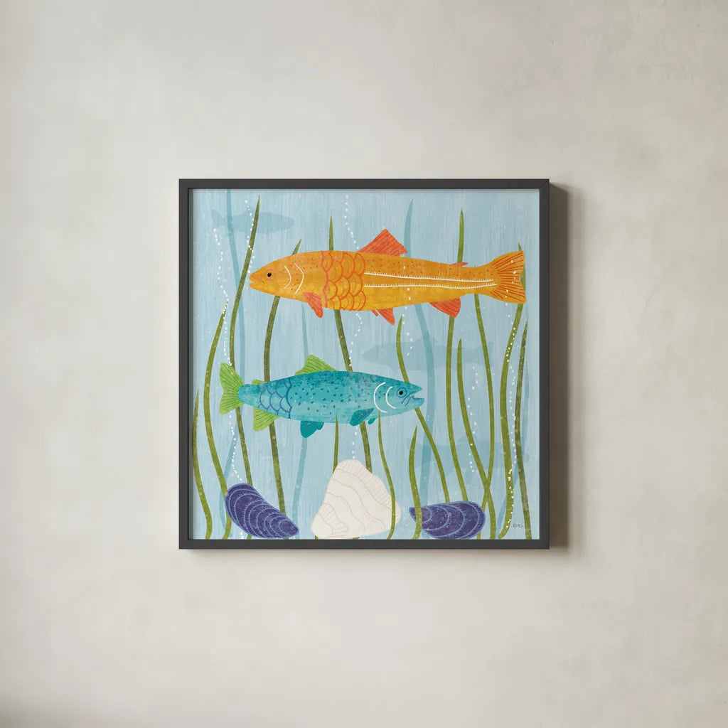 Coastal Vibes III by Veronique Charron. Shown in a sleek black glass frame for a contemporary gallery look. Available as an archival giclee rolled canvas, fine art paper, or poster print. SKU 79117a.