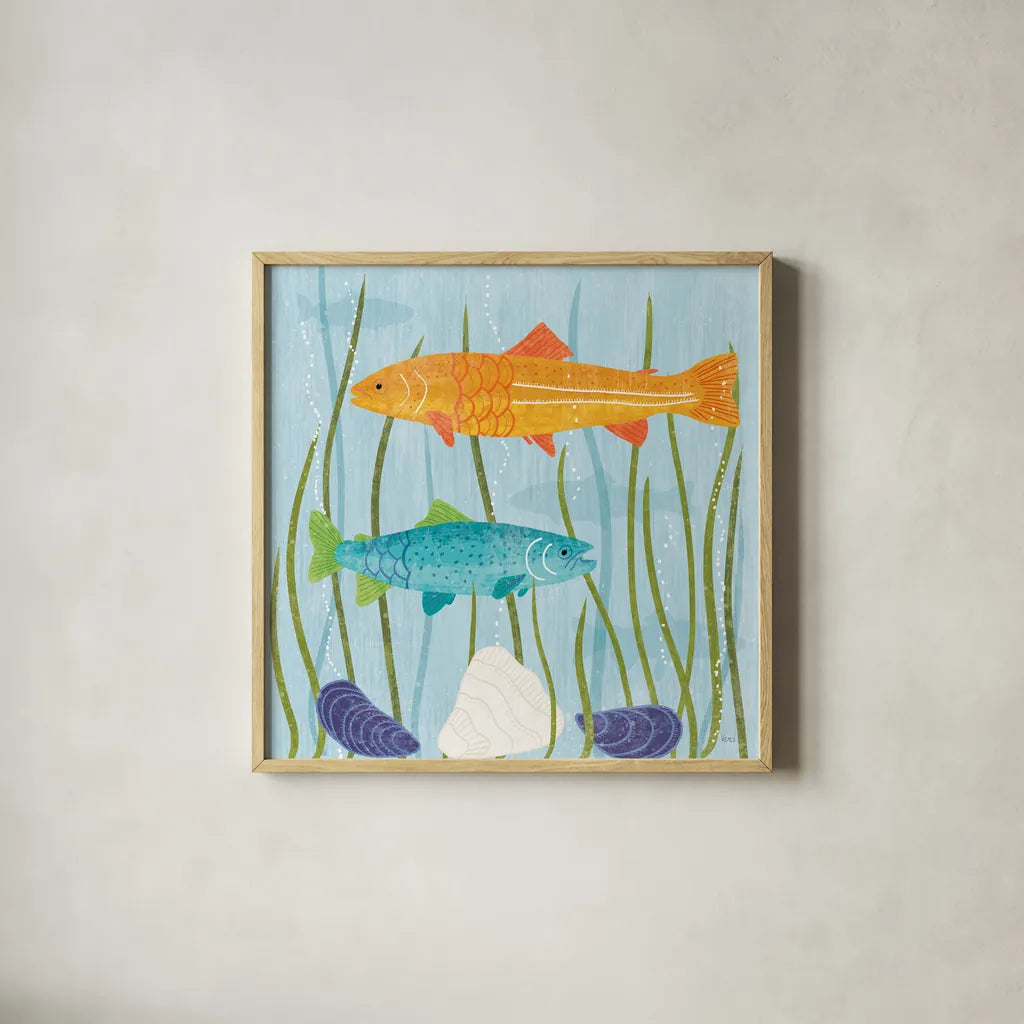 Coastal Vibes III by Veronique Charron. Shown in a natural wood glass frame for a timeless modern aesthetic. Available as an archival giclee rolled canvas, fine art paper, or poster print. SKU 79117a.