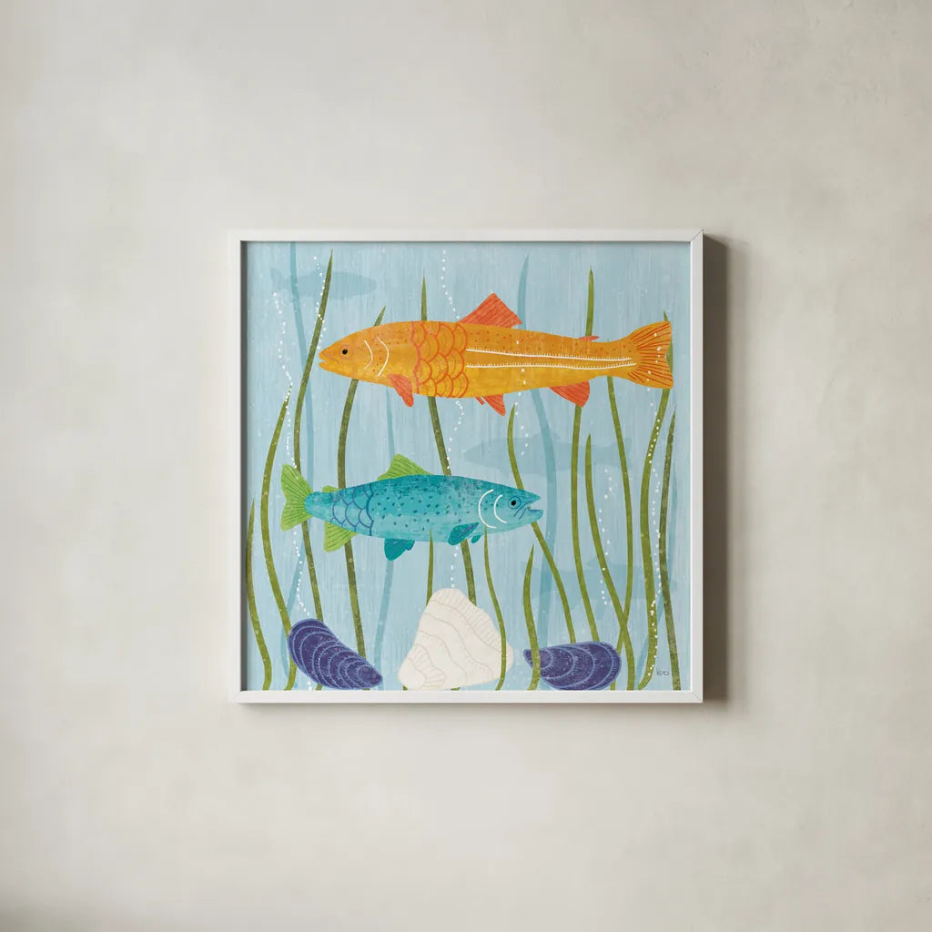 Coastal Vibes III by Veronique Charron. Shown in a crisp white glass frame for a clean and minimalist style. Available as an archival giclee rolled canvas, fine art paper, or poster print. SKU 79117a.