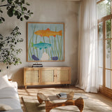 Coastal Vibes III by Veronique Charron. Shown in a natural wood frame in a cozy modern living room. Available as an archival giclee rolled canvas, fine art paper, or poster print. SKU 79117a.