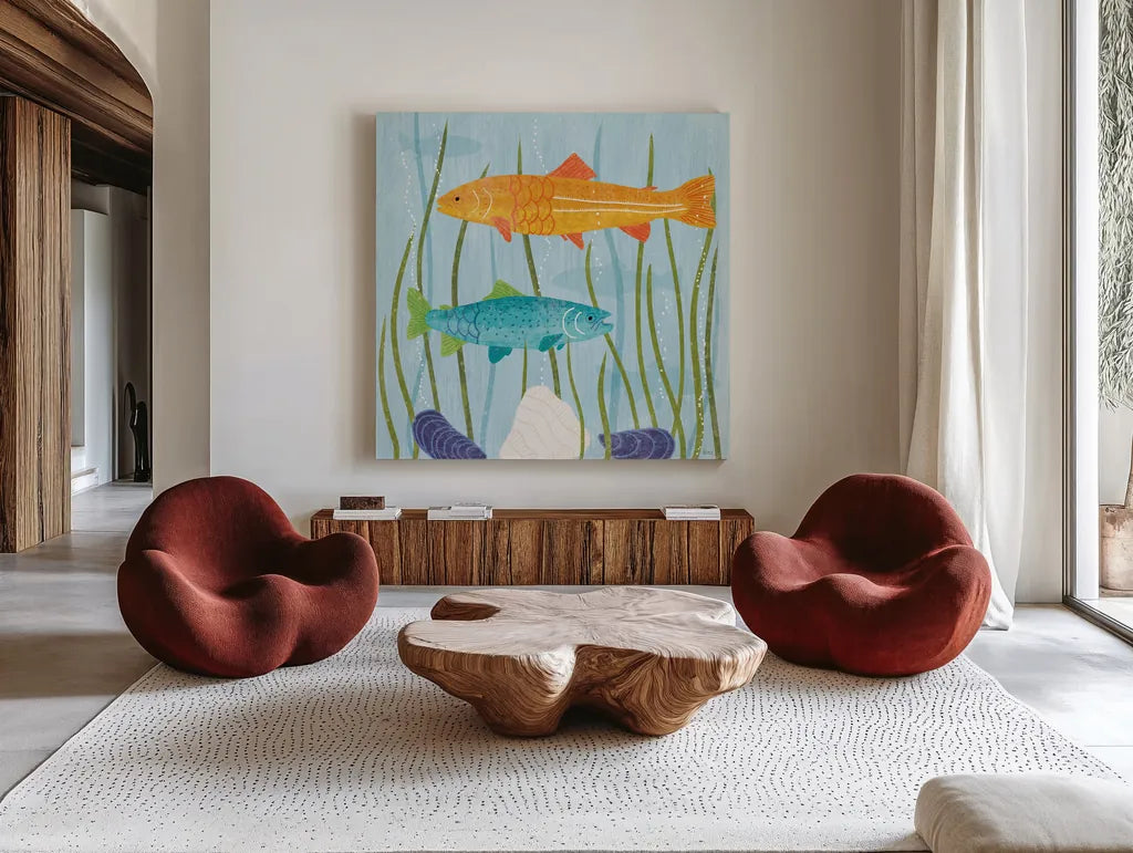 Coastal Vibes III by Veronique Charron. Shown as extra-large giant wall art in a modern living room. Available as an archival giclee rolled canvas, fine art paper, or poster print. SKU 79117a.
