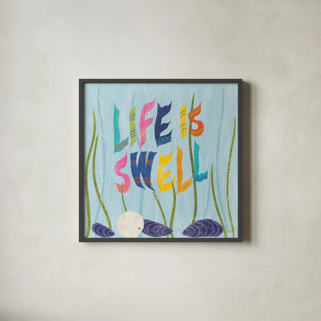 Coastal Vibes IV by Veronique Charron. Shown in a sleek black glass frame for a contemporary gallery look. Available as an archival giclee rolled canvas, fine art paper, or poster print. SKU 79118a.