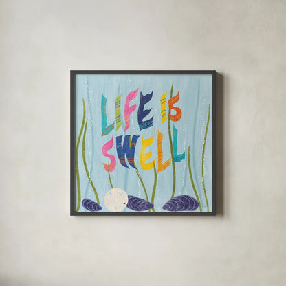 Coastal Vibes IV by Veronique Charron. Shown in a sleek black glass frame for a contemporary gallery look. Available as an archival giclee rolled canvas, fine art paper, or poster print. SKU 79118a.