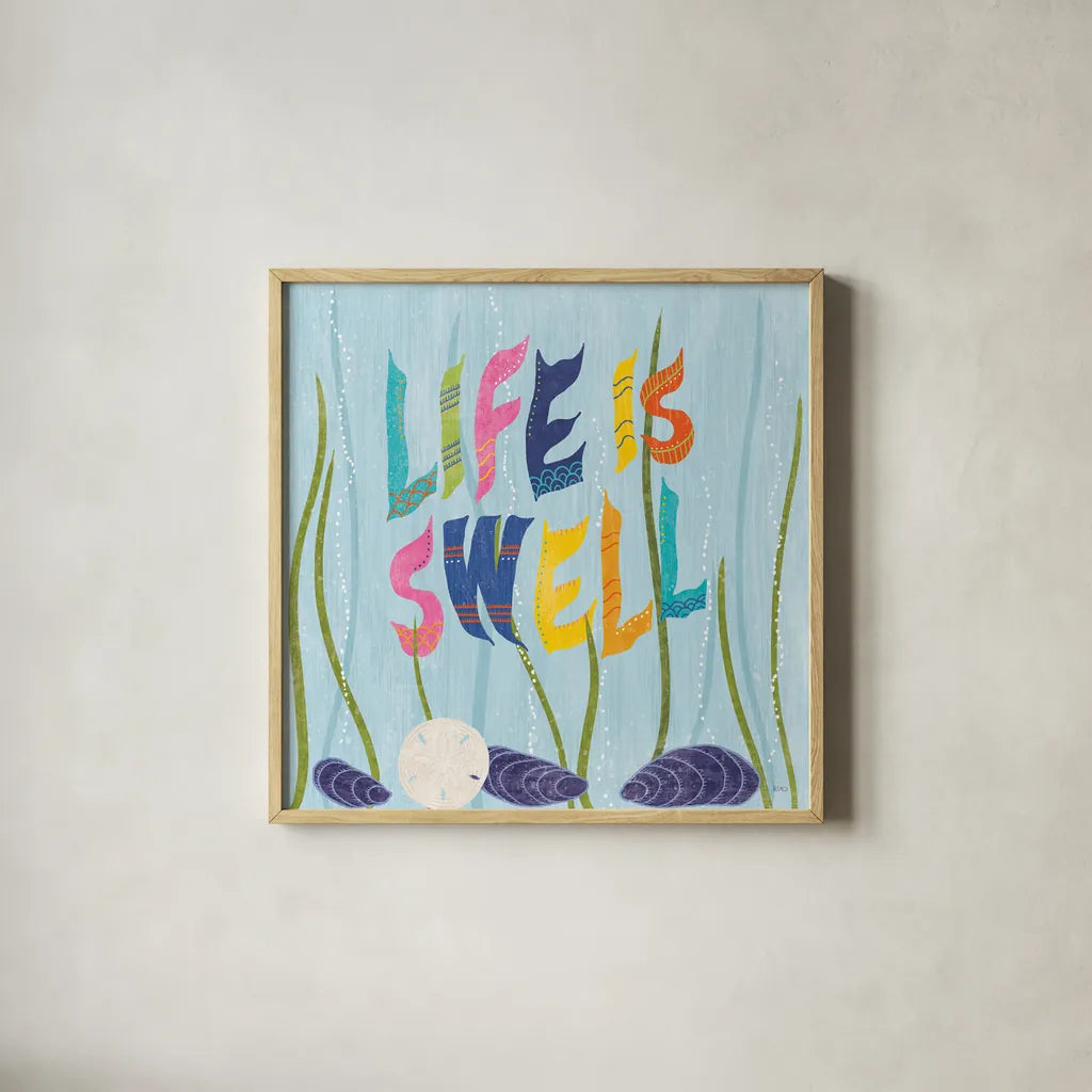 Coastal Vibes IV by Veronique Charron. Shown in a natural wood glass frame for a timeless modern aesthetic. Available as an archival giclee rolled canvas, fine art paper, or poster print. SKU 79118a.