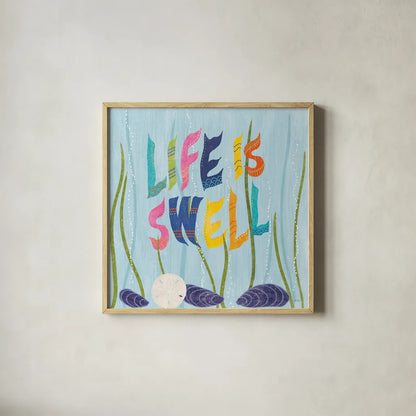 Coastal Vibes IV by Veronique Charron. Shown in a natural wood glass frame for a timeless modern aesthetic. Available as an archival giclee rolled canvas, fine art paper, or poster print. SKU 79118a.